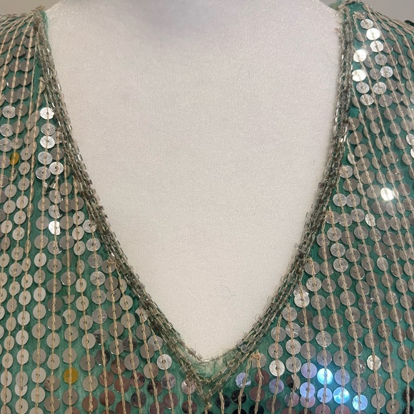 VINTAGE | SEQUIN SILK ART DECO PALM TREE MIAMI TROPICAL SILVER DISCO DRE… - Picture 8 of 15